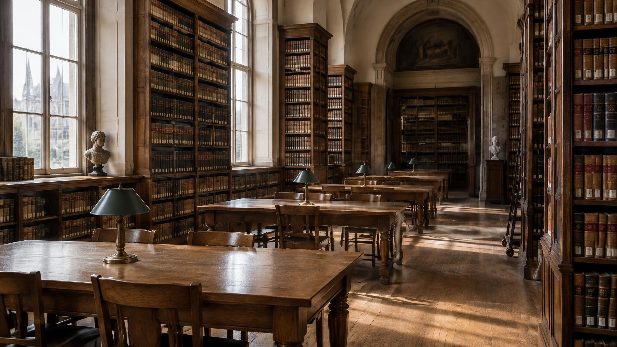 Stiller Lesesaal eines europäischen Archivs mit hohen Holzregalen