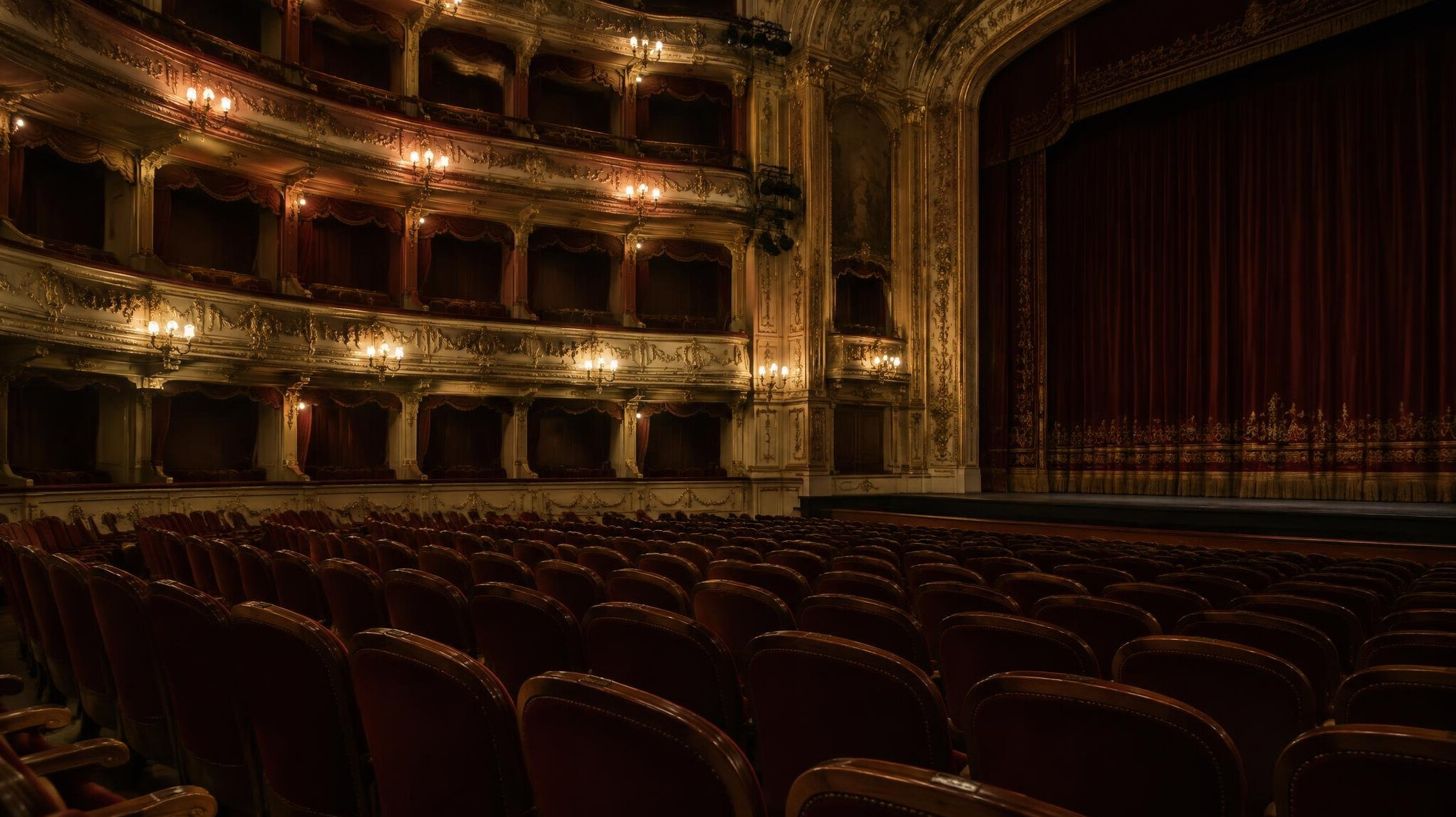 Leere Sitzreihen eines europäischen Theatersaals in gedämpftem Licht